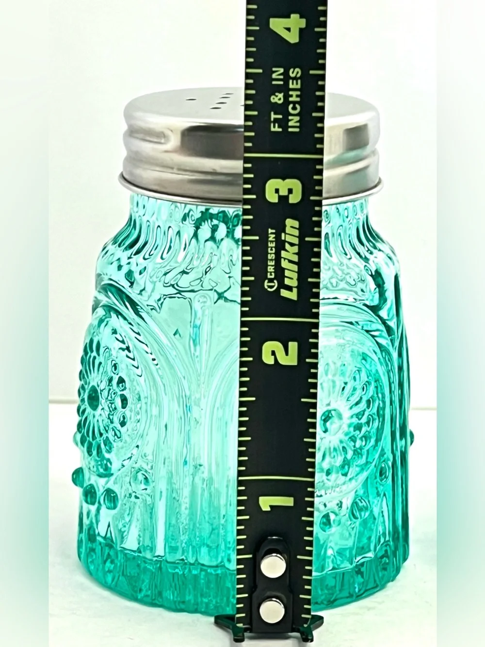 Pioneer Woman Adeline Teal Glass Salt and Pepper Shaker Set Turquoise Embossed